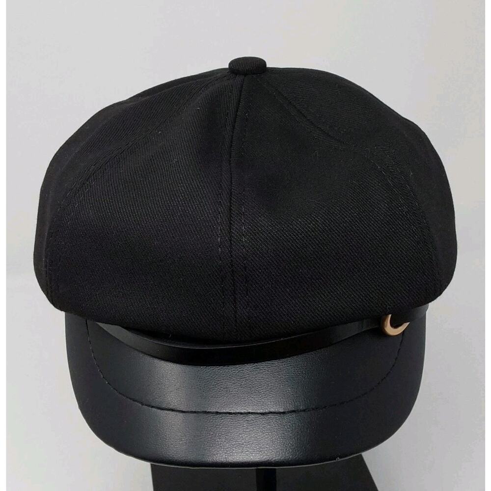 Black Baker Boy Newsboy Cap Faux Leather Brim Women's One Size Hat - Picture 3 of 6